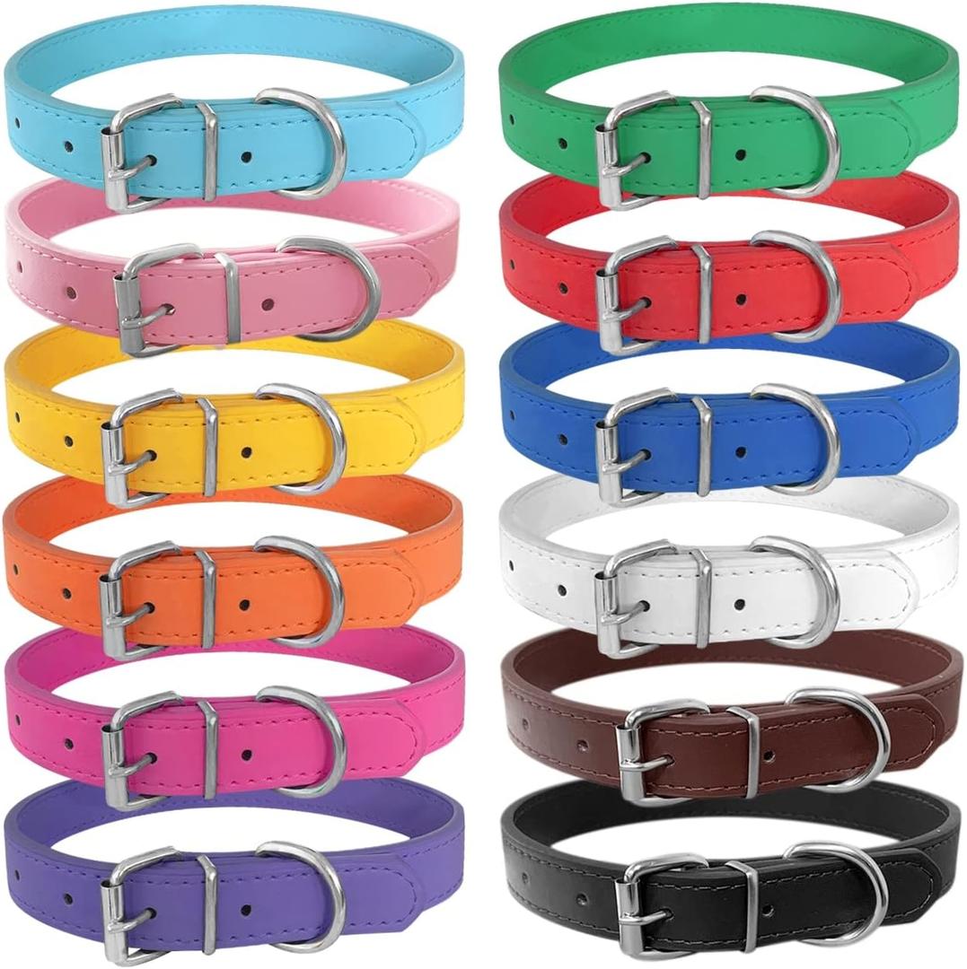 Pet Collars - Leather Small Dog Collars - 12 Color Adjustable ID Collar Identification Leather for Puppy Medium Large Breed Dogs - Neck 14~18 Inches