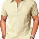Vssjavun Mens Short Sleeve Button Down Shirts Casual Cotton Shirt Summer Beach Shirts (Beige, L)