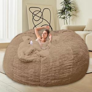 Bean Bag Chairs for Kids Comfy Fluffy Big Bean Bag Chair Cover Without Filler Round Sofa Chairs for Bedroom Living Room Decor, 5FT, Khaki