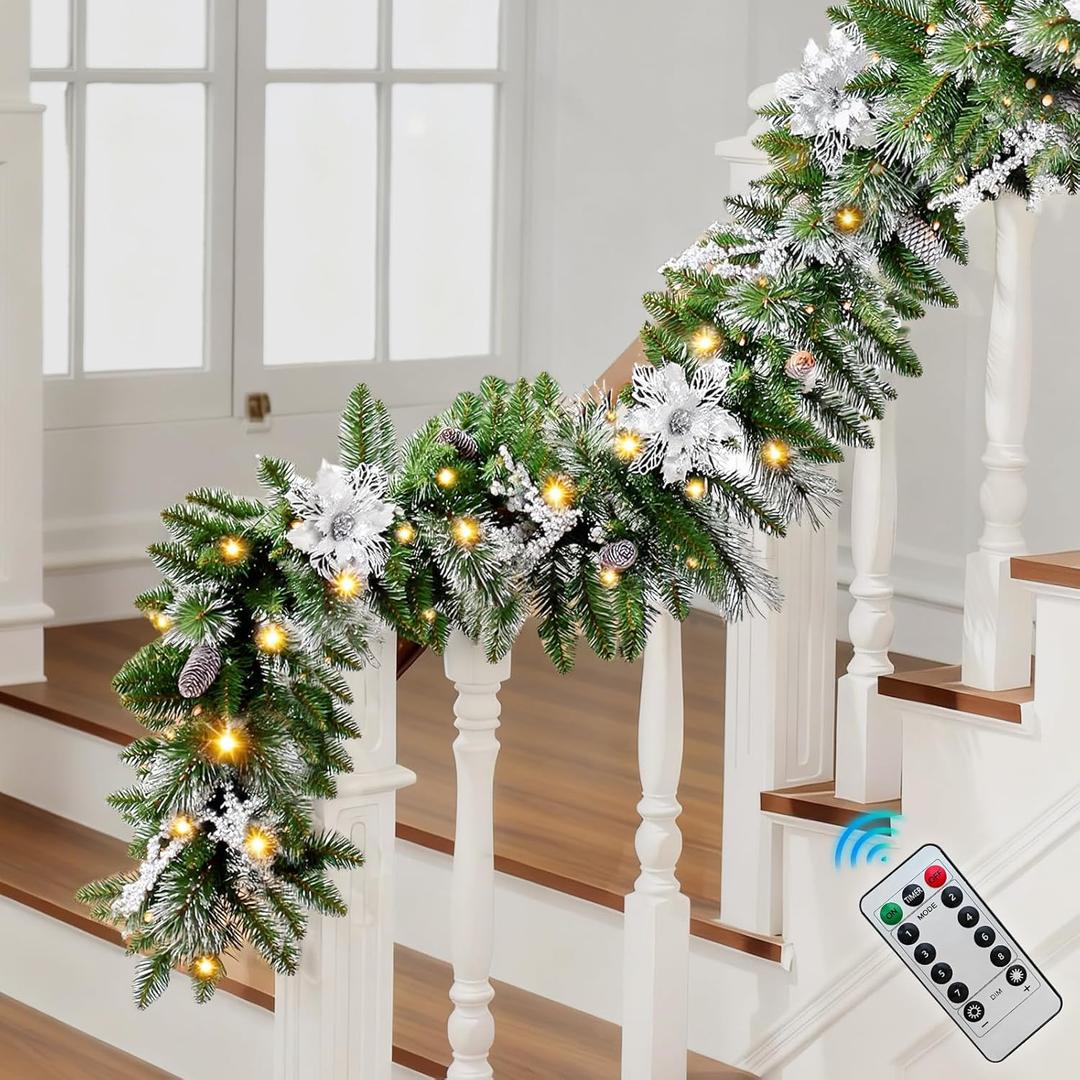 9FT Christmas Garland with Light, Pre-Lit Lush Branch Tips/ Silver Flowers/ Pine Cone, Christmas Garland for Mantle Fireplace Stairs Front Door, Outdoor Holiday Decoration (with Remote Control), Silver