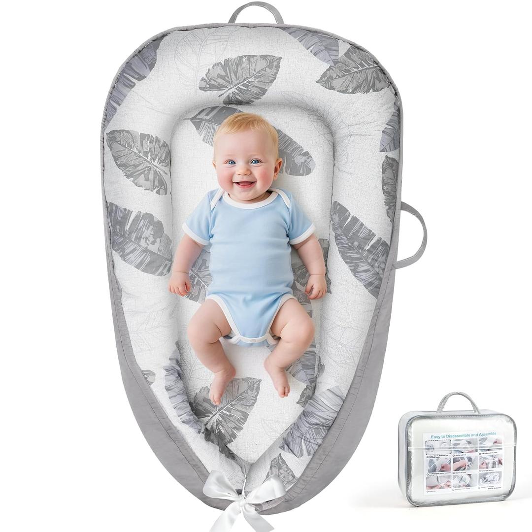 KISS GOLD Baby Lounger - Breathable Soft Cotton Cover Baby Lounger Nest, Babies Essentials Gifts, Portable Lounger for Baby Tummy Time Floor Playing Seated Support for Home and Travel (Grey Feather)