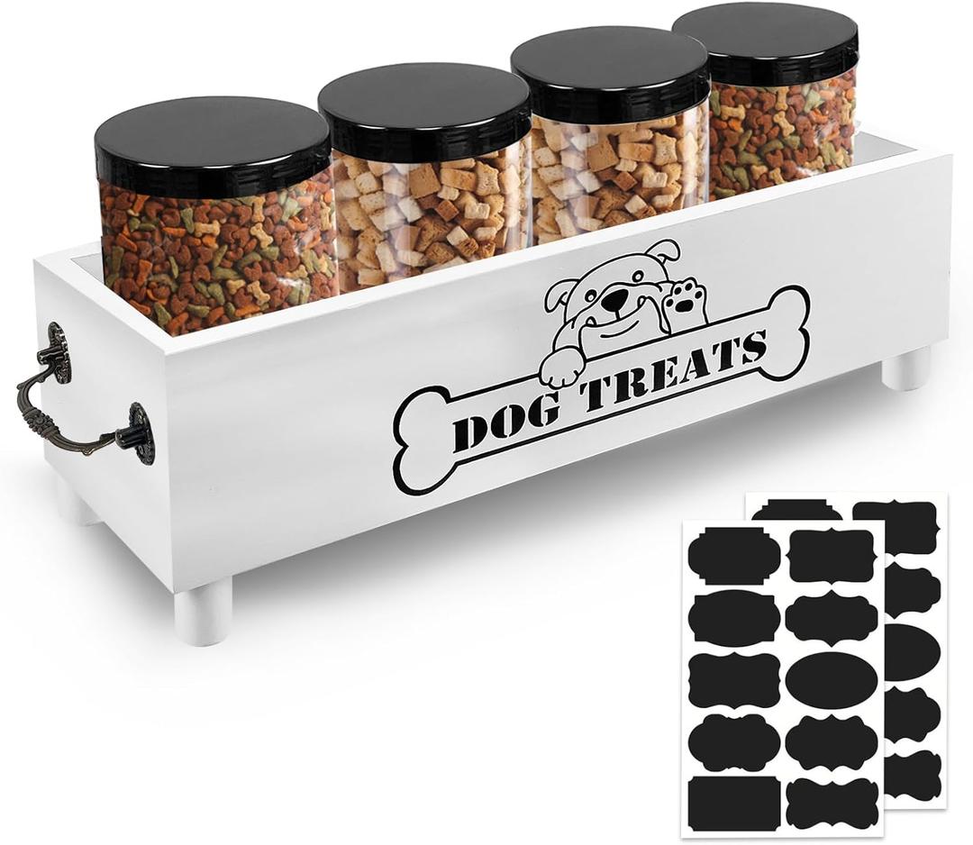 Large Dog Treats Container, Dog Cookie Jar for Dogs Cat Treats Container, Farmhouse Wood Pet Treats Storage Organizer for Dog Food Storage Container with 4 Jars, Cat Dog Treat Organizer(White)