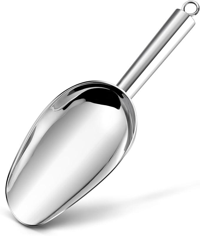 Stainless Steel Ice Scoop, 8 Ounce Metal Ice Scooper for Kitchen Freezer Bar Wedding Party, Utility Food Scoops for Candy/Flour/Cat Dog Food/Bean/Popcorn, Dishwasher Safe (Silver)