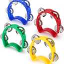 4 Pack Plastic Percussion Tambourines, Mini Hand Bell Percussion with 4 Jingle Bells, Hand-held Percussions Musical Instrument for Adults Kids School Birthday Party, 4 Color