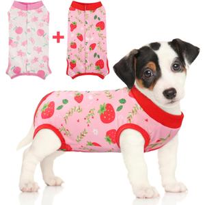 SAWMONG 2 Pack Recovery Suit for Dogs After Surgery, Dog Recovery Suit Soft Polyester, Pet Spay Surgical Suit Female Male, Dog Onesie Body Suit Substitute E-Collar Cone(Strawberry+ Peach, Small)