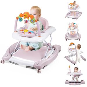 Boyro Baby Baby Walker, 5-in-1 Baby Walkers for Boys and Girls 6-12 Months with Bouncer, Removable Footrest, Feeding Tray & Music, Foldable & Adjustable Activity Walker for 6-18 Months Toddler Infant (j-pink purple)