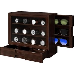 AUTOARK Wooden Watch Sunglass Display Case,12 Watch Box with Jewelry Drawer,Watch Eyeglass Holder with Window,Vertical Storage,Gift Idea,Walnut,AW-185