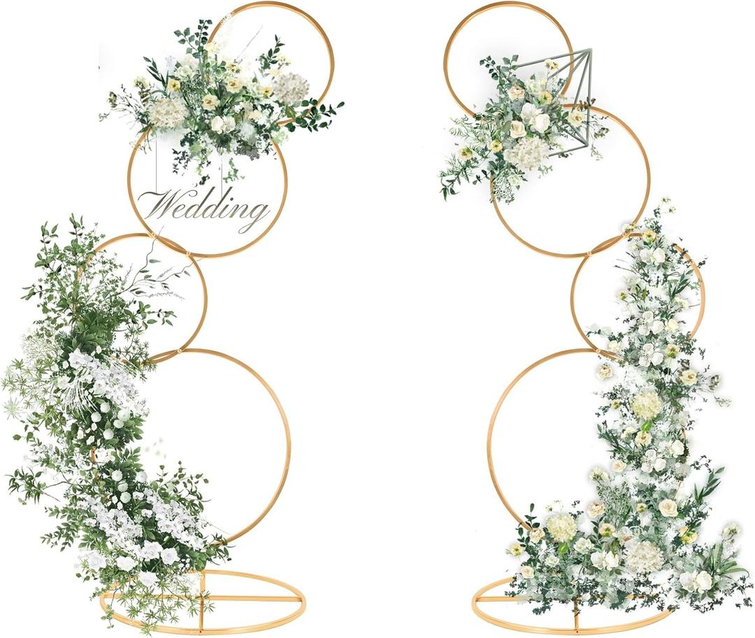 Gold Arch Backdrop Stand 5Ft Wedding Round Hoop Backdrop Stand, 4 Tier Floral Balloon Arch Stand for Wedding Centerpiece Baby Shower Birthday Ceremony Background Decoration (2 Pcs, Gold)