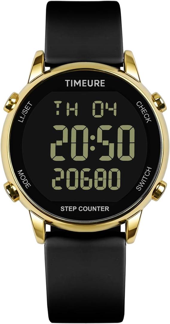 TIMEURE Pedometer Watch for Women, Step Counter for Walking No App/Phone Required Step Counter, Waterproof Fitness Calorie Tracker, Distance Tracking, Alarm, Large Digital Display Watch, TU-2509 (gold black)