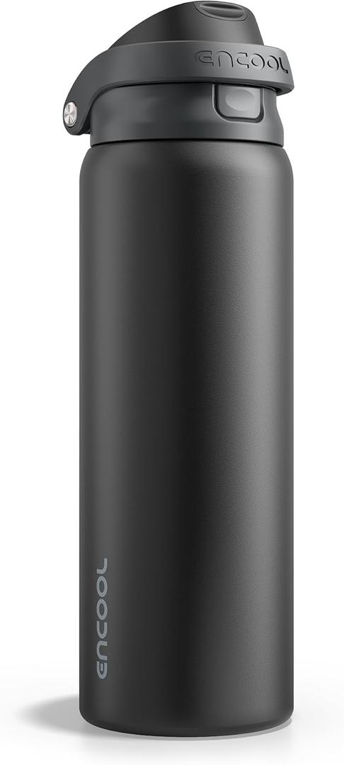 ENCOOL Leakproof Insulated Water Bottle with Straw Dual-Sip Water Bottle Bag-Safe Design for Work, Commute & Gym  Keeps Drinks Cold All Day, 24 oz, Jet Black
