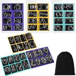 Poen 48 Pcs Metal Wire Puzzle Set with Pouch Brain Teaser IQ Test Disentanglement Iron Link Unlock Interlock Physics Mind Metal Puzzles for Adults Stocking Stuffers Challenge Gifts Party Favor