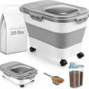 ANVS Airtight Collapsible Pet Food Container With Casters, Scoop and Small Container - Keeps Up To 20lbs Dry Dog Food Fresh (Grey)