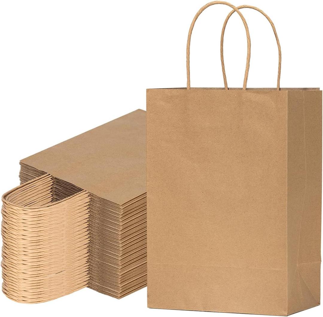 Vanhel 50 PCS Gift Bags with Handles,8 x 4.25 x 10.5 Inches, Gift Bag, Brown Paper Bags with Handles bulk, Shopping, Party, Retail, Merchandise, Favor