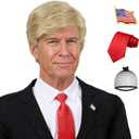 Blonde Costume Wig For Adults, 4pcs Set(Wig+ Flag Pin+ Red Tie+ Wig Cap) Blonde Layered Heat Resistant Synthetic Wigs Mens Cosplay Halloween Funny Wigs