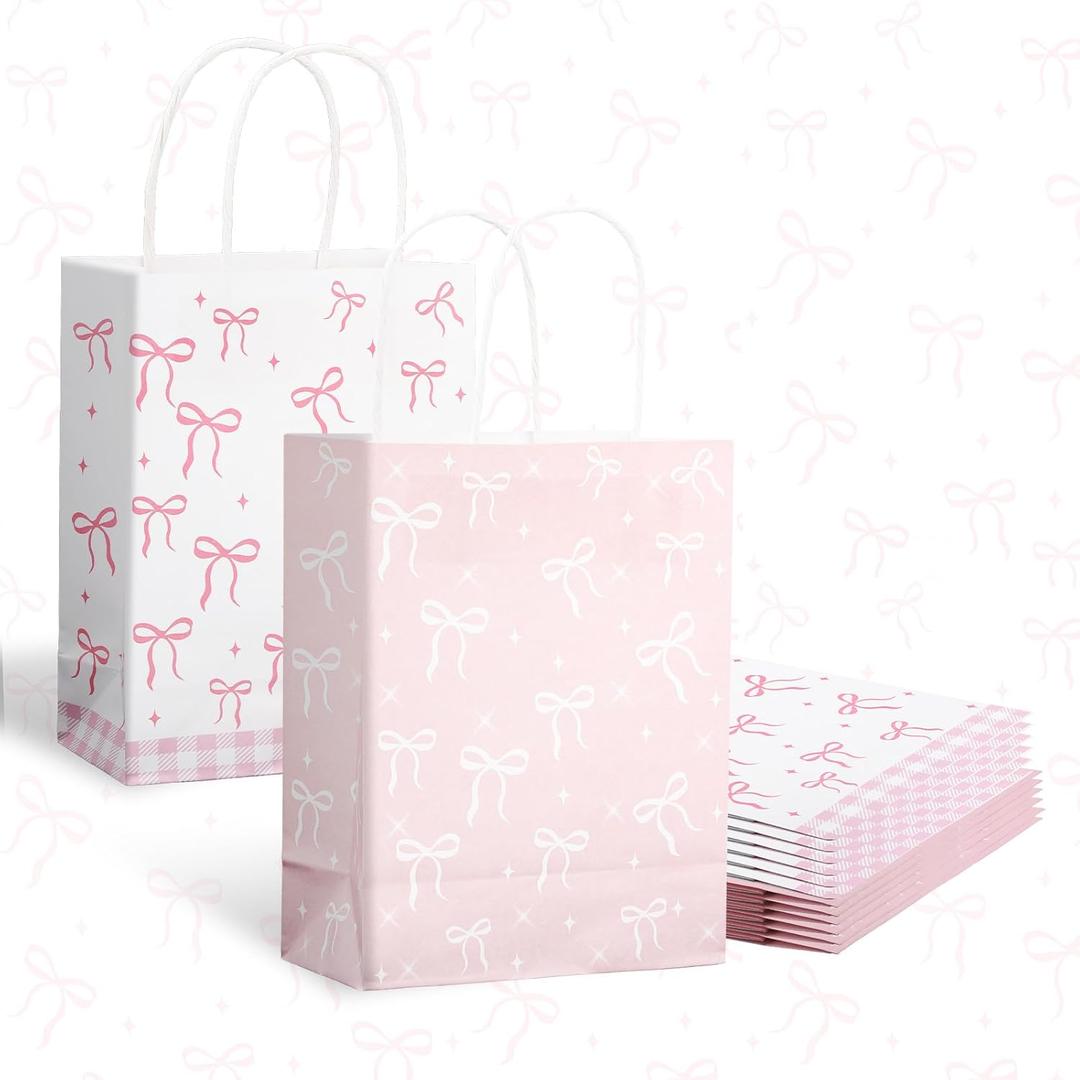 BOXOB 12pcs Pink Bow Gift Bags, 2 Styles Paper 8.27x6.3x3.15in Elegant Small Coquette Pink Goodie Favor Bags Candy Decorations with Handles for Party Wedding Birthday Supplies