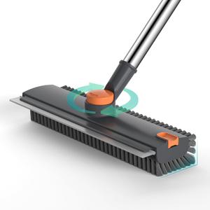 Floor Scrub Brush with Long Handle Length Adjustable, 3 in 1 Heavy-Duty Stiff 90 Bristle Floor Scrubber Broom with Squeegee, Cleaning Brush for Bathroom, Garage, Kitchen, Tile, Deck & Patio (Gray)