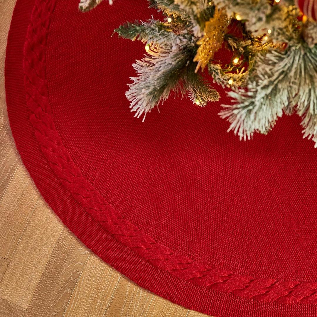 48 Inches Red Knitted Christmas Tree Skirt: Thick Cable Knit Round Tree Skirt for 68FT Tree Rustic Neutral Farmhouse Christmas Decor Tree Base Cover Xmas Home Decorations