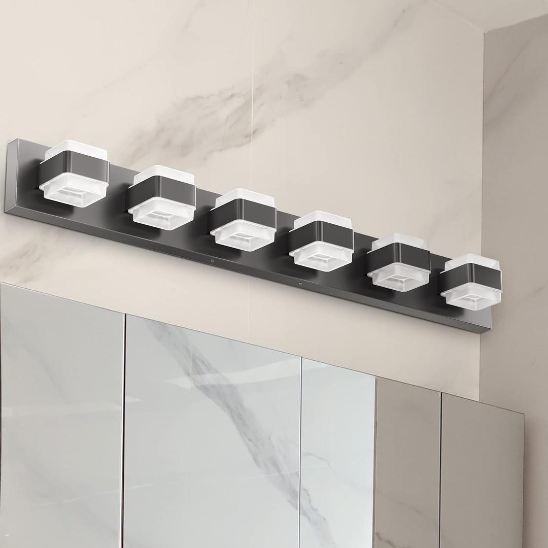 Ensenior Bathroom Vanity Light Fixtures Over Mirror (6 Lights-37.4"), Modern Dimmable Black Vanity Lighting Lixtures, Acrylic Stainless Steel, 5000K Daylight, 40W 3250LM (6-Light, 37.4", Black-dimmable)