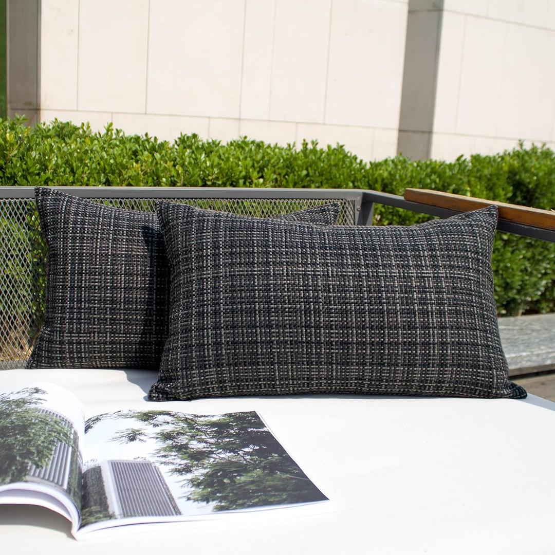 Kevin Textile Pack of 2 Decorative Outdoor Waterproof Pillow Covers Garden Cushion Sham Throw Pillowcase Shell for Patio Tent Couch 12x20 Inch Black