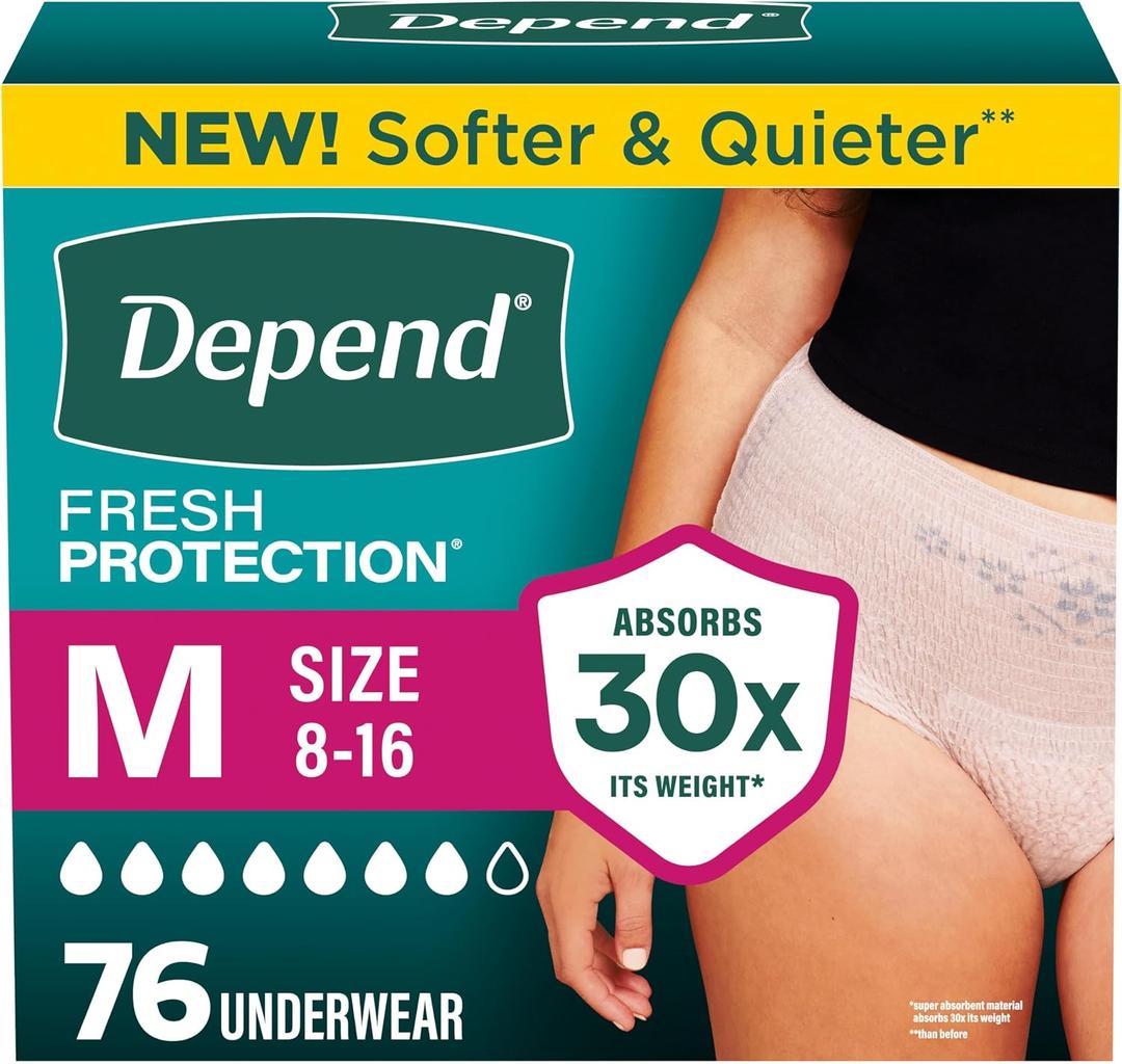 Depend Fresh Protection Adult Diapers, Incontinence Underwear for Women, Disposable, Maximum, Medium, Blush, 76 Count (2 Packs of 38)