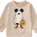 Toddler Baby Boy Halloween Sweatshirt Pumpkin Ghost Shirt Long Sleeve Spooky Season Crewneck Pullover Fall Tops (Beige)