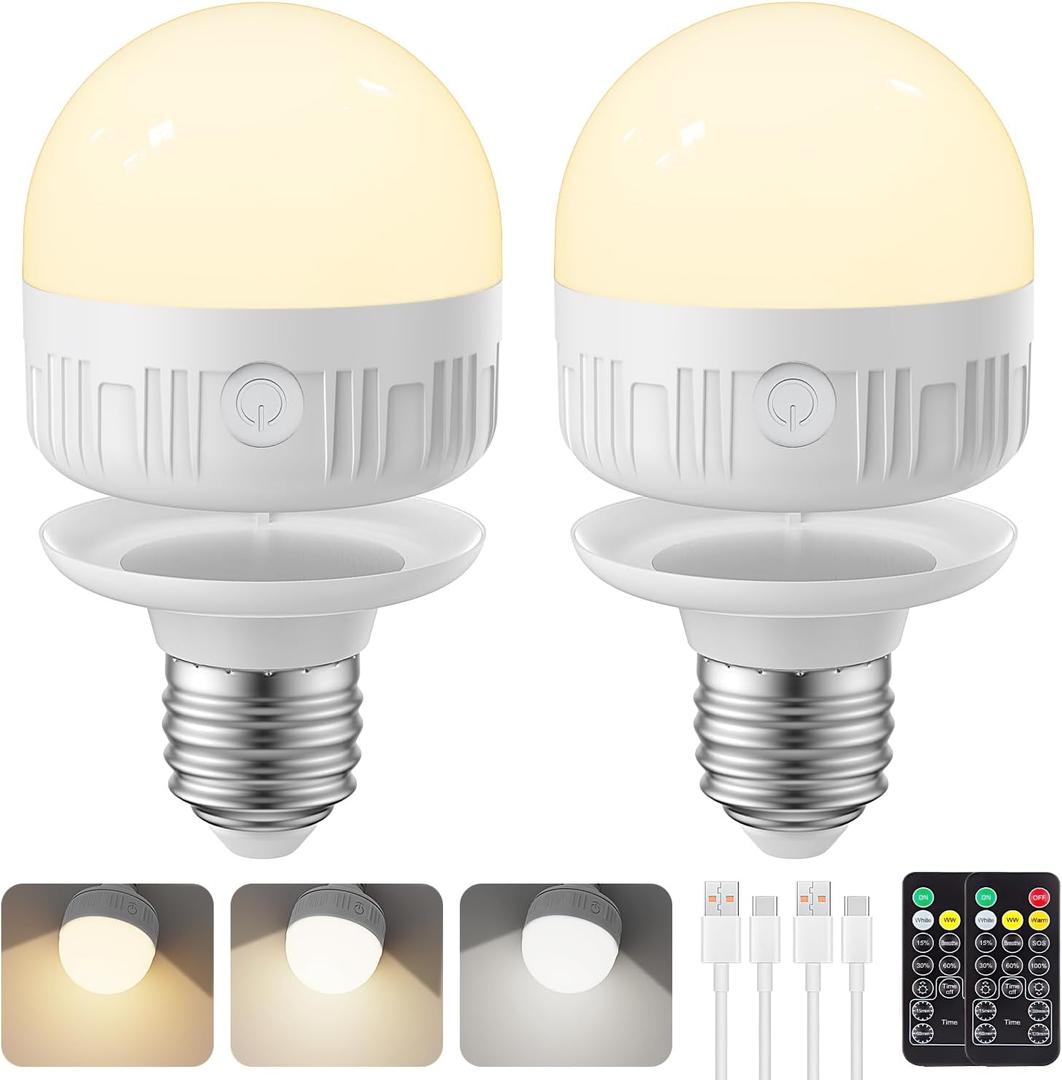 SCOPOW 2Packs E26 Rechargeable Light Bulbs with Remote Control, 5W 350lm Magnetically Battery Operated Light Bulbs 2000mAh, 3 Color Temperature, Timer, Dimmer for Non-Hardwired Lamp