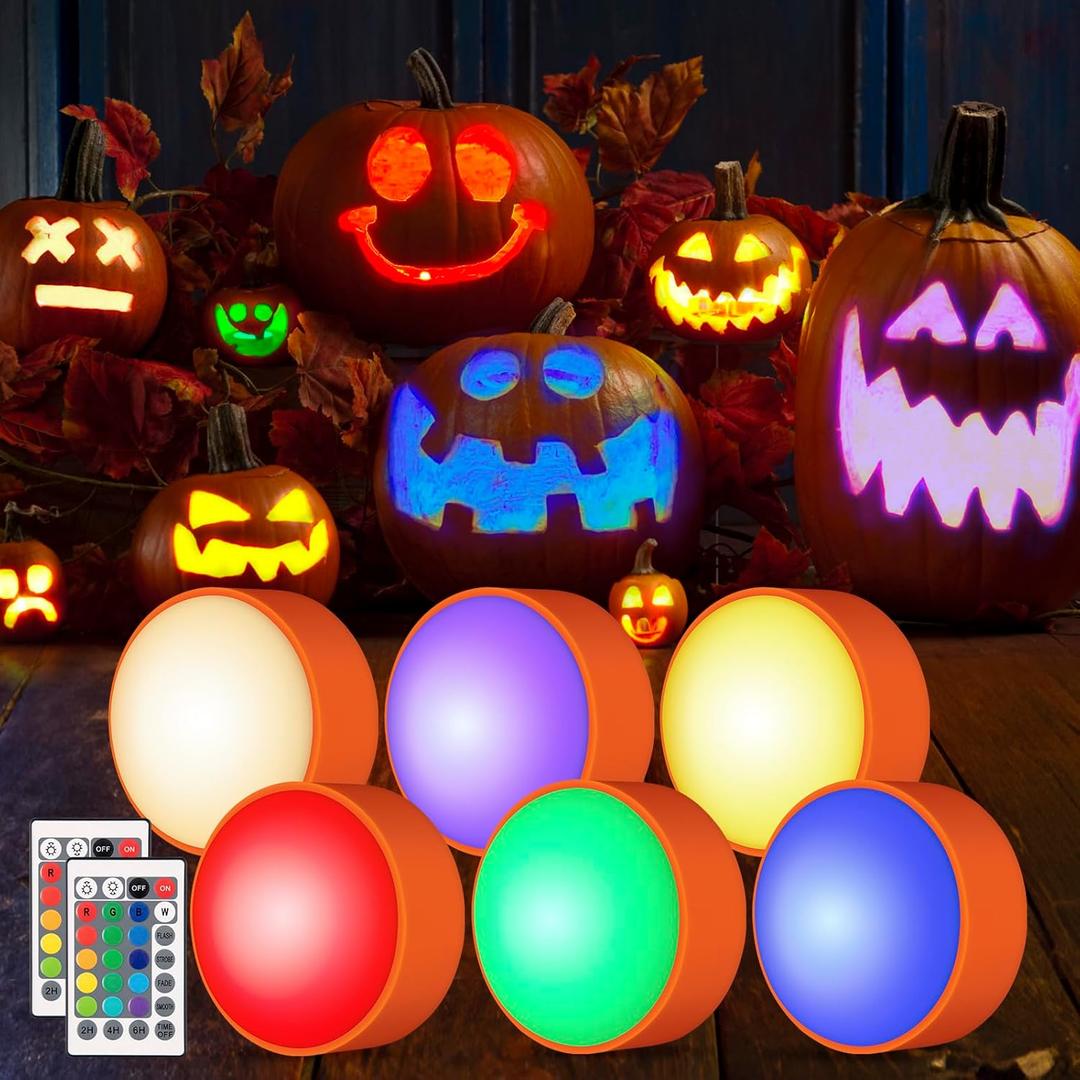 Halloween LED Flameless Pumpkin Lanterns, Battery Operated Jack-O-Lantern Lights with Remote Control and Timer, RGB Dimmable Color Changing Lights for Halloween and Pumpkin Decoration - 6 Pack