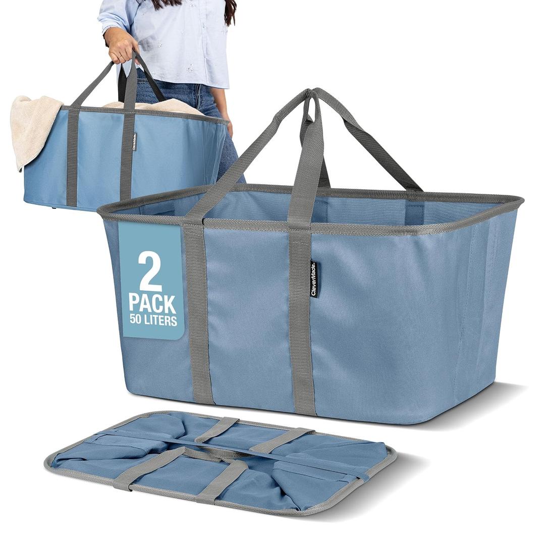 CleverMade Collapsible Laundry Tote 2-Pack (50L) Foldable Carry-All Storage Bin for Laundry, Car Trunk, RV, Dorm & Home Organization - Denim
