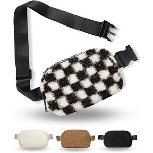 Boutique Fleece Belt Bag | Sherpa Checkered Crossbody Fanny Pack for Women | Fashionable Cute Waist Pack | Small Chest Bag | Gold Accessories | Adjustable Extended Strap | Black Checker