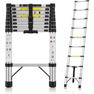 8.5FT Telescoping Stainless Steel Anti-Wobble Extension Ladder, 330lbs Heavy Duty Collapsible Ladder, One-Button Slow Retraction Portable Folding Ladder for Home, Attic, RV