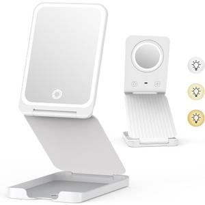 Travel Makeup Mirror with Lights, Portable 1X Vanity Mirror with 5X Lighted Magnification,72 LEDs 3 Color Lights, Rechargeable 1000mAh Battery, Freely Adjust Height and Angle
