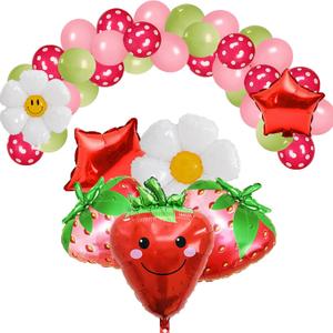 37PCS Strawberry Balloons Set, Strawberry Birthday Party Supplies, Foil Balloons for Girls, Red and Green
