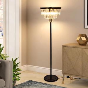 Wellmet 4 Lights Black Floor Lamp, Modern 3 Tiers Crystal Standing Lamp for Living Room Bright Lighting, Elegant Tall Crystal Floor Lamp with Foot Switch for Reading Room, Bedroom, Office (E12 Base)