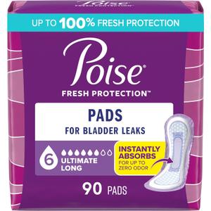 Poise Incontinence & Postpartum Pads for Bladder Leaks, 6 Drop Ultimate Absorbency, Long Length, 90 Count, 
