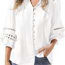 BTFBM Summer Tops for Women 2026 Eyelet Top 3/4 Length Sleeve Dressy Casual Blouses Spring Boho Button Down Shirts S