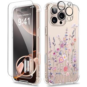GVIEWIN for iPhone 16 Pro Case, with Screen Protector & Camera Lens Protector [Not Yellowing] Floral Slim Shockproof Protective Clear Flower Women Phone Cover 6.3'' (Floratopia/Colorful)