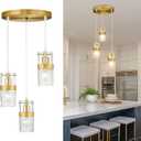 LMS 3-Light Pendant Light Fixtures, Brushed Gold Farmhouse Kitchen Island Light, Industrial Adjustable Hanging Pendant Lighting, Cluster Chandeliers, LMS-189 (3.5" Hammered Glass, 3-Light, Gold -Hammered Glass)