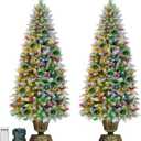 2 Pack 4FT Snowy Artificial Potted Christmas Entrance Tree -3 Mode Timer 80 Warm White&Multi Color Change Light 12 Mode Remote 15 Pinecone 105 Red Berries Battery Powered Fraser-Look Fir Outdoor Porch