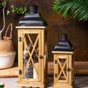 Venalys Farmhouse Wooden Metal Candle Lantern Set of 2, Rustic Large Decorative Floor Lanterns, Indoor/Outdoor Hurricane Lantern for Home Decor (No Glass)