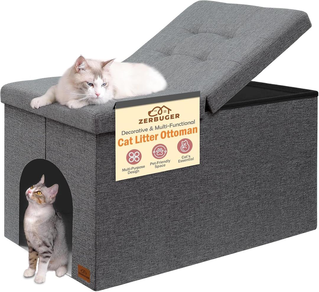 Cat Litter Box Enclosure Furniture for Odor Control, Hidden Cabinet Cats Litter Ottoman with Flip-Up Lid,Cat Litter Box Bench with Storage Space, Dog Proof(Grey, Large) (Large, Grey)