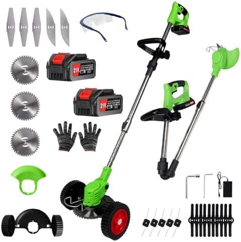Electric Weed Wacker Cordless Eater 2 Battery,Foldable and Lightweight Grass Trimmer/Brush Cutter,5 Types Blade&Wheels 21V 4.0Ah Battery (2 Pieces) Powered for Garden and Yard (Foldable).  MISSING PARTS!