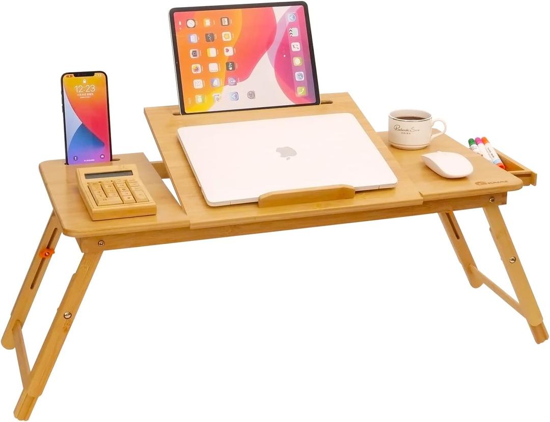Laptop Desk for Bed, COIWAI Laptop Bed Tray, Bamboo Lap Desk with Tablet Slot, Adjustable Height Angle, Foldable Tray for Sofa Couch Floor, with Storage Drawer - Large (28.8" *13.4" Height&Angle adjust)