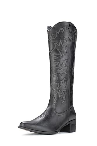 IUV Cowboy Boots For Women Knee High Western Cowgirl Boots Snip Toe Side Zipper Chunky Heel 10