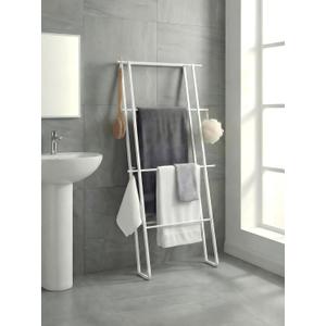 CANYAVE Metal Leaning Ladder Towel Rack, 4-Tier Blanket Stand for Bathroom Living Room, No Drilling Quilt Storage Organizer (White)