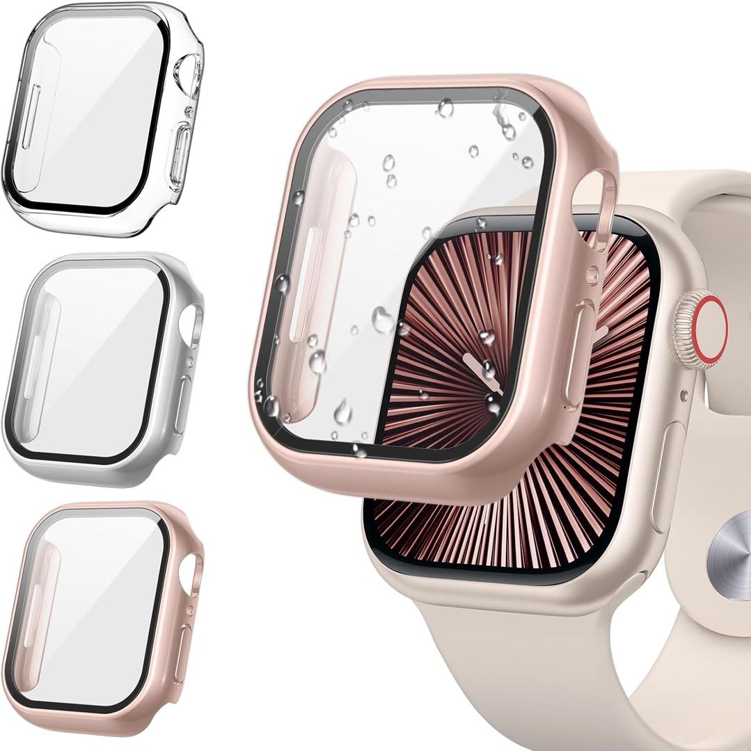 Tensea [3Pack for Apple Watch Screen Protector Case Series 10 42mm, iWatch Protective Face Cover, Tempered Glass Film Hard PC Bumper for Women Men, Ultra-Thin Guard (Clear/Silver/Rose Gold)