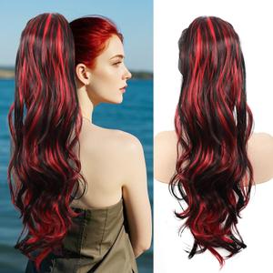 Ponytail Extension Drawstring Ponytail for Quick and Easy Hairstyling Black & Red 26in Natural Looking Synthetic Hair