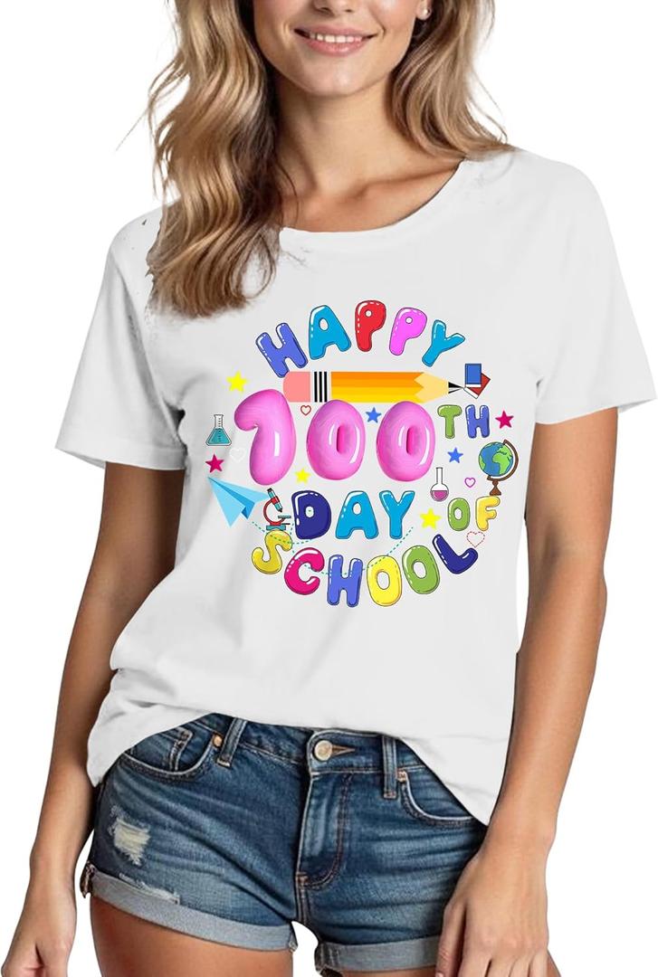 100 Days of School Shirt for Women:Crew Neck Short Sleeve Teacher Higher Quality T-Shirt (L)