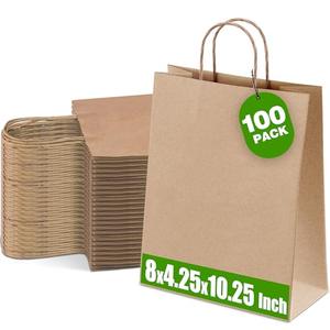 Ginkgo 100 Pcs Paper Gift Bags with Handles, Medium Size Brown Paper Bags 8x4.25x10.25 Inch, Kraft Bag for Party, Favor, Goodie, Grocery and Shopping