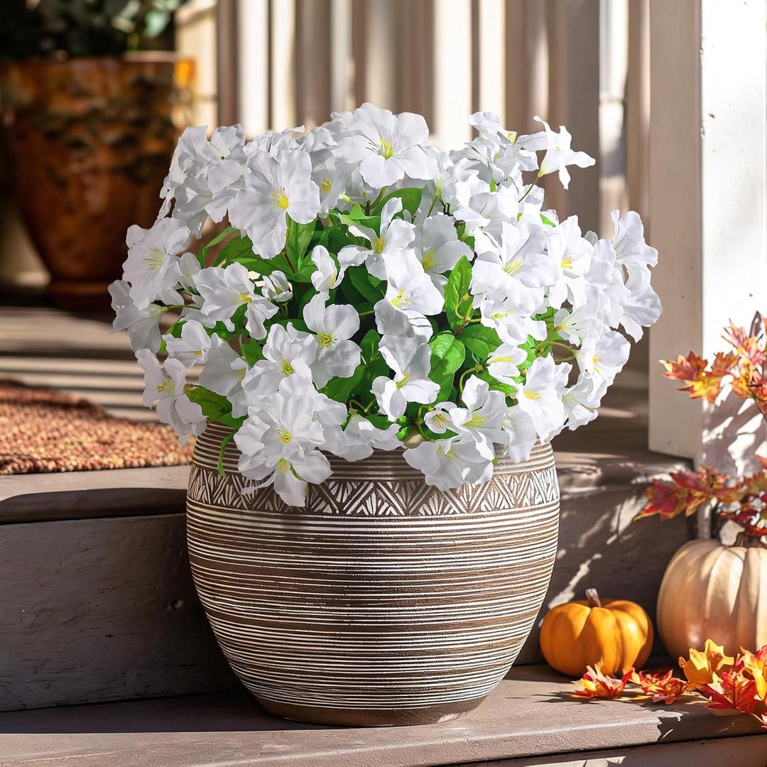 Artificial Azalea Flowers for Outdoors 4 Bundles Fake Silk Azalea Bouquet Faux Flower Plants Realistic Fake Flowers for Planter Front Door Patio Garden Box Balcony Walkway Home Decor (White)