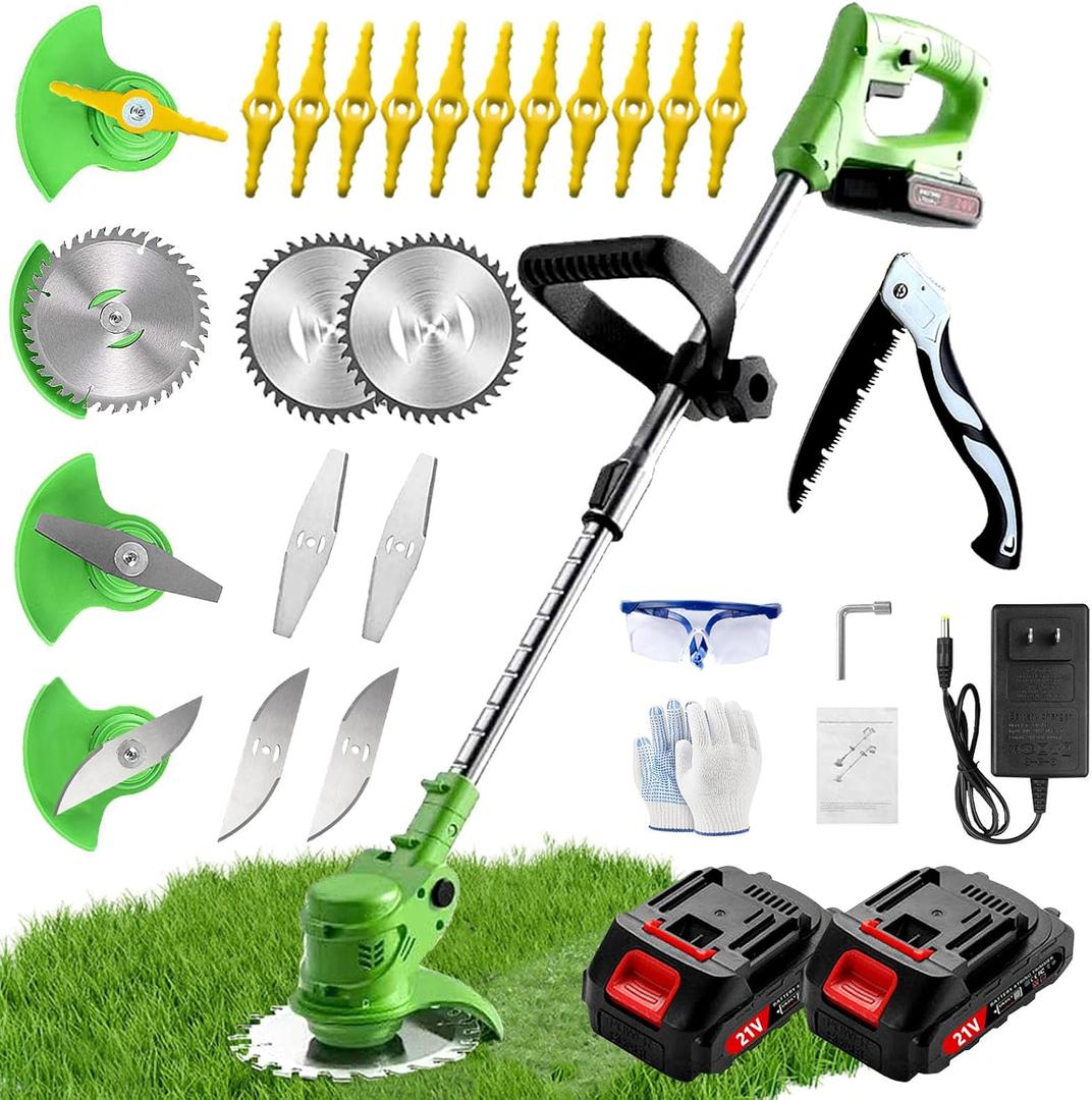 Weed Wacker, Battery Powered Weed Wacker with 2 X 21V 2000mAh Batteries, Electric String Trimmer, 3 in 1 Lightweight Grass String Trimmer Brush Cutter, Stringless Weed Trimmer for Home Gardens